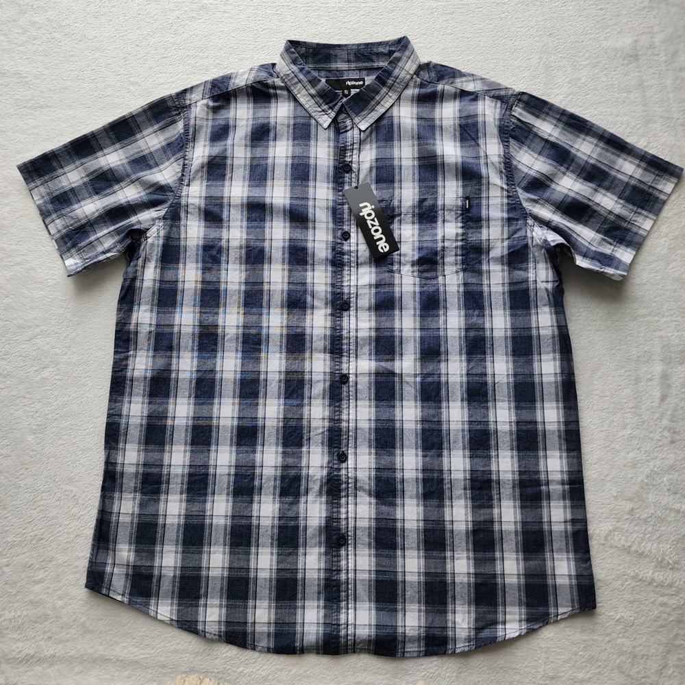 Ripzone Plaid Button Up Shirt Mens XL Blue Short Sleeve Cotton Casual Office NEW